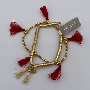 J CREW Set of 2 Gold with Red Tassel Stretch Bracelets